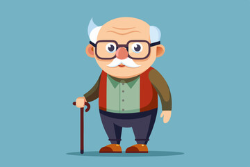 Grandfather wearing glasses. An elderly man with a cane in his hands. Vector illustration in cartoon style
