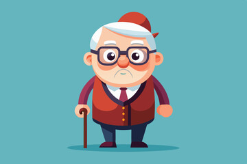 Grandfather wearing glasses. An elderly man with a cane in his hands. Vector illustration in cartoon style
