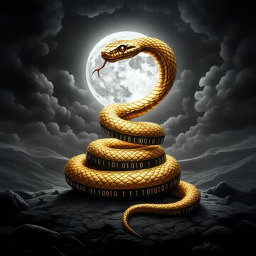 A golden snake intertwined with binary code, symbolizing Python programming and coding.