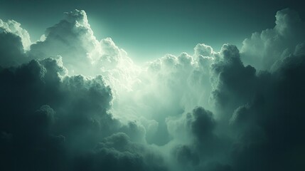 Naklejka premium Clouds glowing with soft, ethereal light against a dark, brooding sky, representing hope in the midst of uncertainty