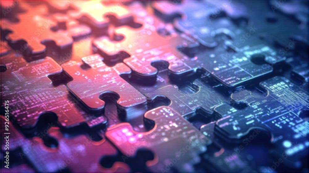 Poster puzzle pieces merging on a high-tech background, illustrating the concept of connecting systems thro
