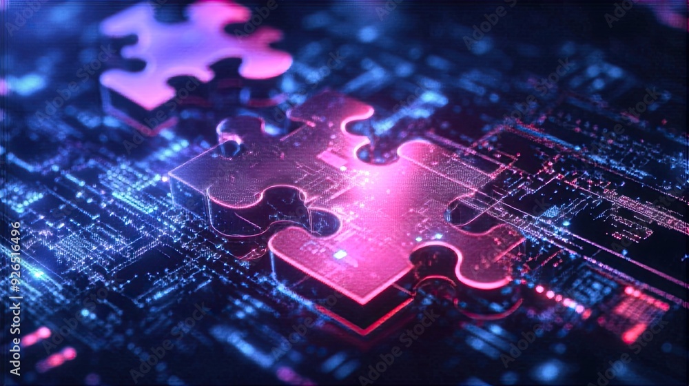 Poster puzzle pieces merging on a high-tech background, illustrating the concept of connecting systems thro