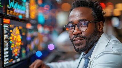 Analyst working with data visualization on computer screens in a modern office during the day