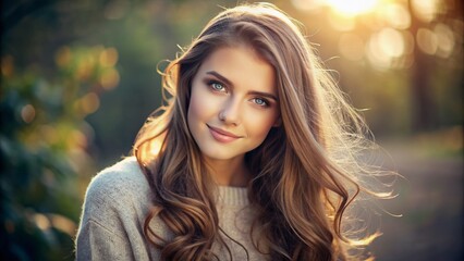 Naklejka premium A serene and introspective young woman with a gentle smile and soft, flowing hair gazes directly into the camera, radiating quiet confidence and warmth.