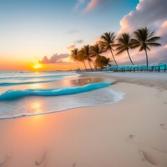 Obraz premium Pristine white-sand beach with crystal-clear turquoise waters, palm trees, and a warm sunset.