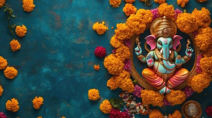 Top view of a colorful Ganesha idol surrounded by marigold flowers and aarti thali, with ample space for text