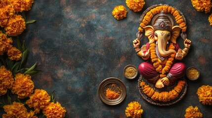 Top view of a colorful Ganesha idol surrounded by marigold flowers and aarti thali, with ample space for text