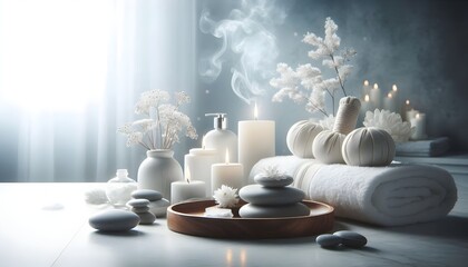 Serene Spa Ambiance: Super Realistic Photograph with White and Bisque Tones, Gentle Steam, and Meditative Atmosphere