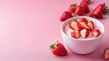 A white bowl of strawberry yogurt with sliced strawberries placed on a solid color background, with ample space for text on the side.