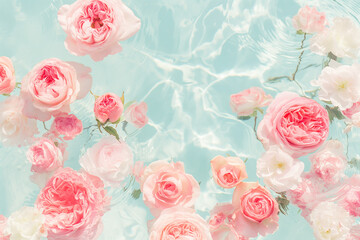 Floating Pink Roses in Clear Blue Water