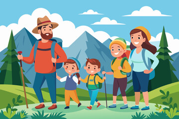 Happy family and hiking. Father, mother and children are traveling through the mountains. Trekking to nature
