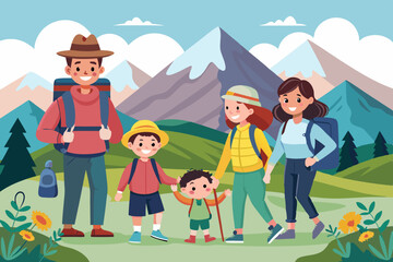 Happy family and hiking. Father, mother and children are traveling through the mountains. Trekking to nature

