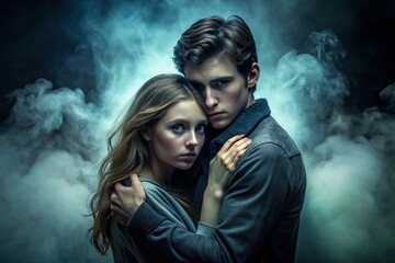 Ominous poster for a suspenseful thriller featuring a frightened young couple embracing in the shadows, surrounded by darkness and eerie mist.