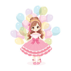Cute princess with balloons in a pink dress and a crown. Isolate on white background, Vector illustration in Flat cartoon style