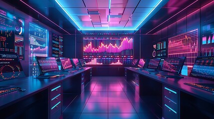 AI algorithms analyzing financial data with glowing charts and graphs in a modern financial office, with sleek computer setups and dynamic lighting. Created Using: advanced financial technology,
