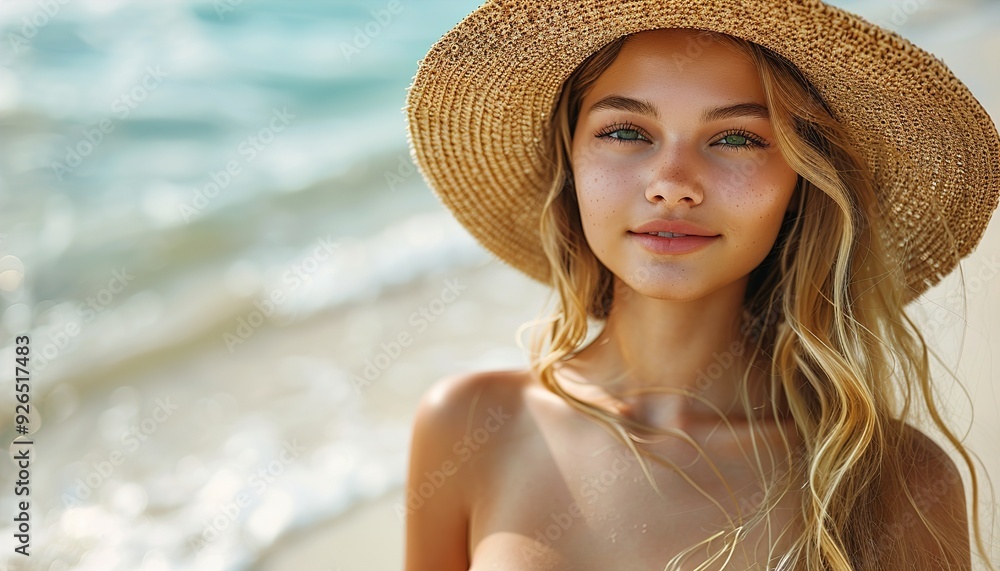 Wall mural a slender girl in a straw hat stands on the seashore on a sunny day.