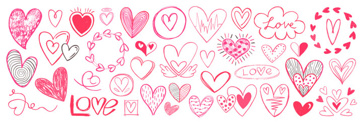 Colorful hand-drawn hearts and love-themed doodles on white background