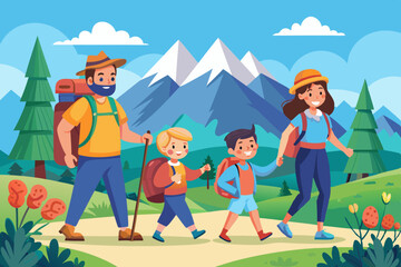 Happy family and hiking. Father, mother and children are traveling through the mountains. Trekking to nature
