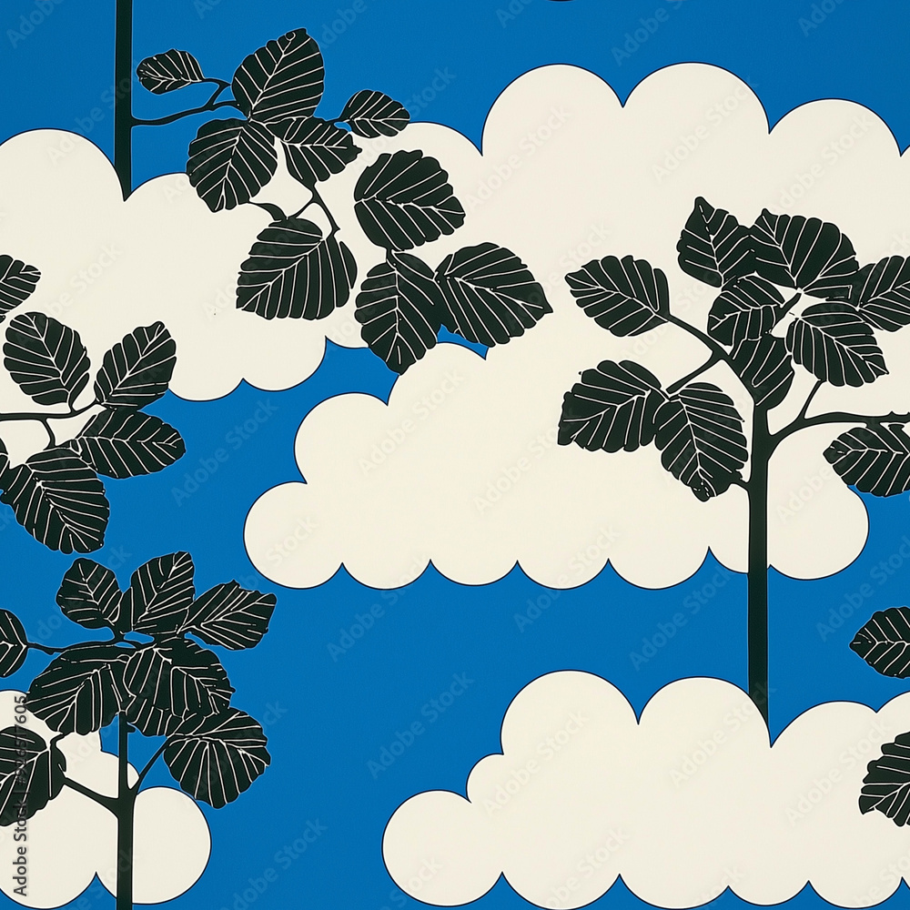 Poster seamless pattern black and white trees with clouds on blue background