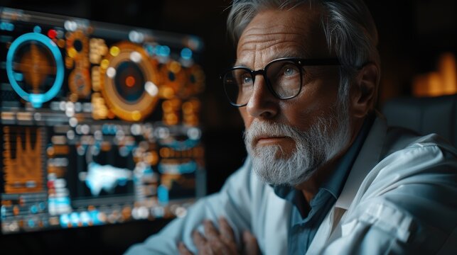 Senior scientist analyzing data on advanced technology in a dimly lit laboratory during nighttime