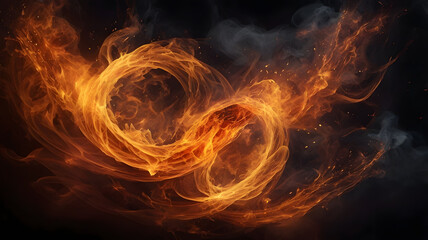 Fiery Infinity: A mesmerizing swirl of flames dances against a backdrop of smoky darkness, creating a captivating abstract image of infinite power and untamed energy. 