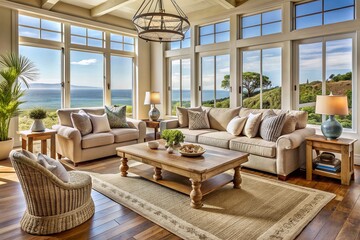 Sunny coastal living room features weathered wood accents, plush beige sofa, natural fiber rug, and nautical decorations amidst large windows with ocean views.