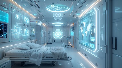 Fototapeta premium AI analyzing medical data with holographic displays of patient information, set in a modern hospital environment with soft white and blue lighting. Created Using: sci-fi aesthetics,