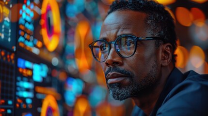 Analyst reviewing data visuals in a control room at night