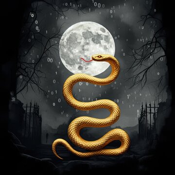 A golden snake intertwined with binary code, symbolizing Python programming and coding.
