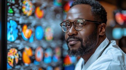A healthcare professional analyzing data in a high-tech analysis room during the day