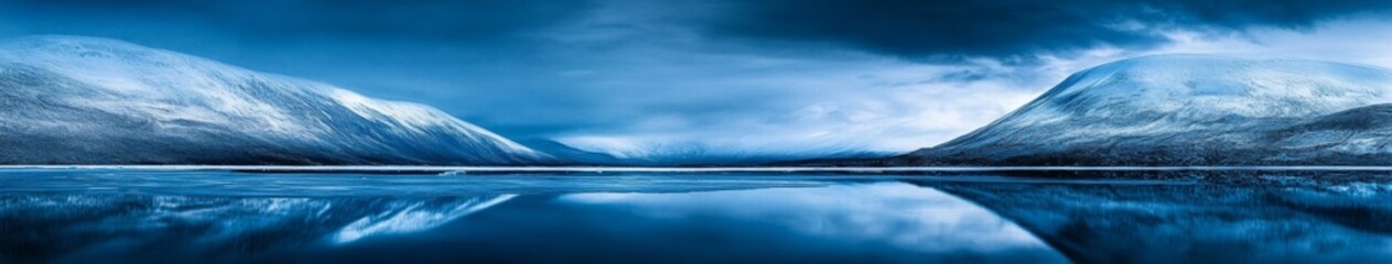 Obraz premium Majestic Arctic Landscape: Polar Bear at Pristine Ice Lake Reflecting Towering Snowy Mountains. Ultra-Wide Angle Blue Hour Scene with Vibrant Blues and Whites. Serene UI Design for Web Posters and Dre