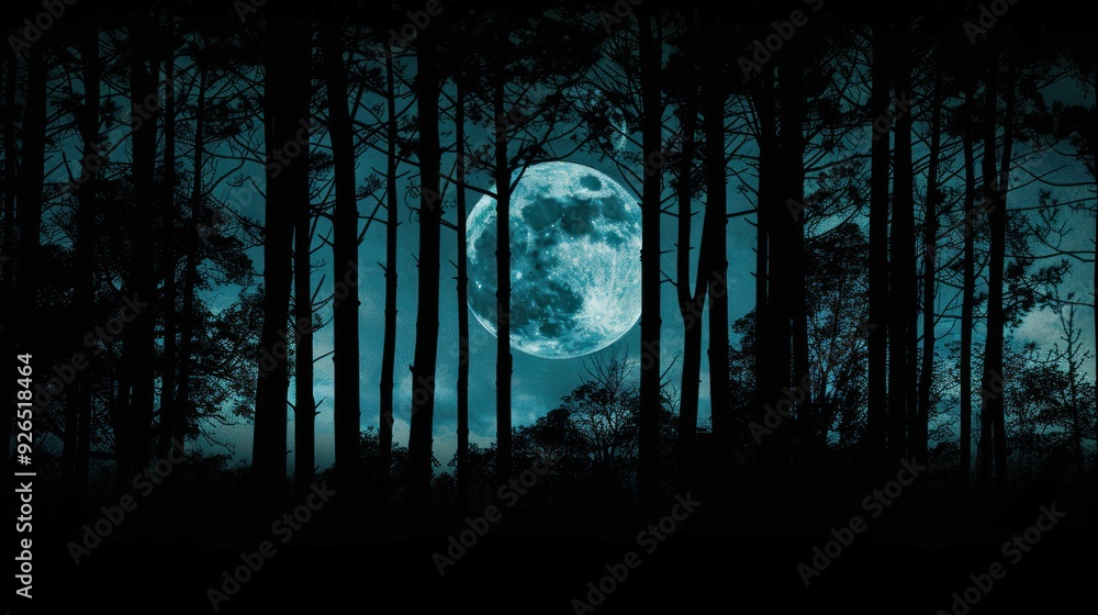 Poster a dark forest with a full moon peeking through the trees, creating a mysterious and haunting backgro