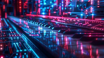 Obraz premium AI composing a symphony in a high-tech music lab, with glowing holographic sheet music and interactive audio waveforms visualized in real-time. Created Using: advanced AI technology,