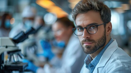 Fototapeta premium A focused scientist in a laboratory setting with colleagues working on research tasks