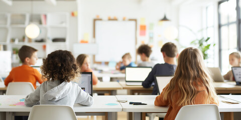Elementary student engaged in digital learning with their own laptop, embracing modern education in the classroom.
