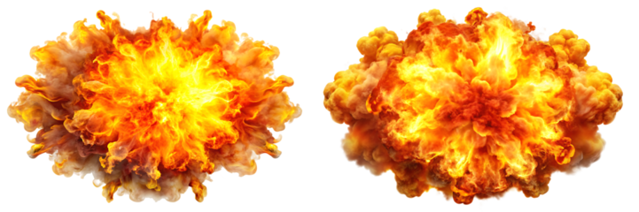 set of dynamic, fiery explosion with bright orange and yellow flames, isolated on white.AI GENERATED