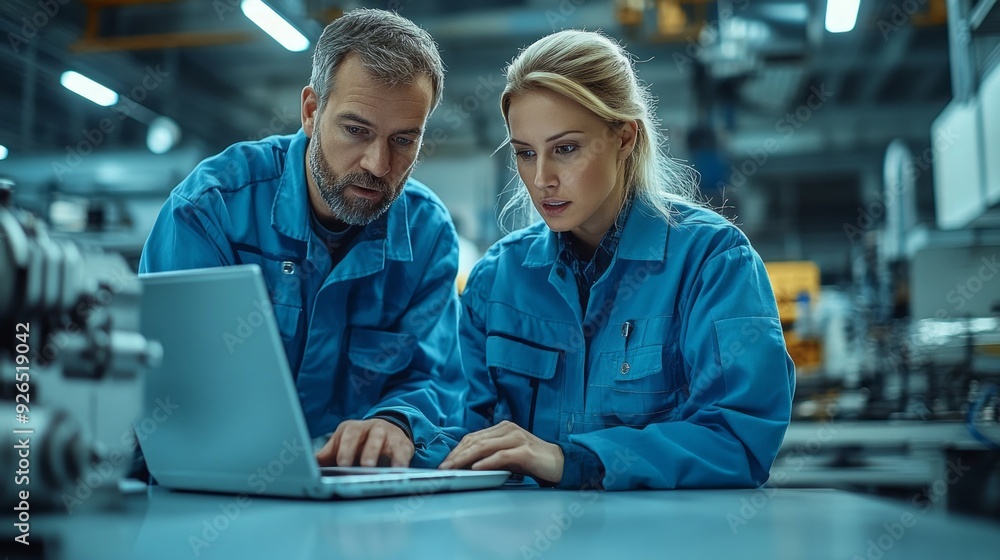 Fototapete a pair of engineers intently reviews data on a laptop, surrounded by machinery in a busy factory set