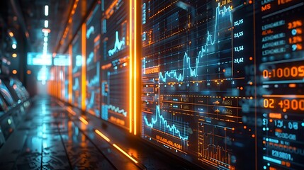 Fototapeta premium AI predicting market trends with complex data visualizations and algorithmic patterns displayed on large digital screens in a sleek financial hub. Created Using: data visualization,
