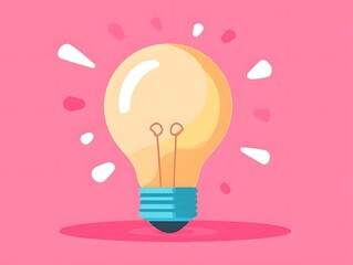 A glowing lightbulb on a pink background with white and pink dots around it.