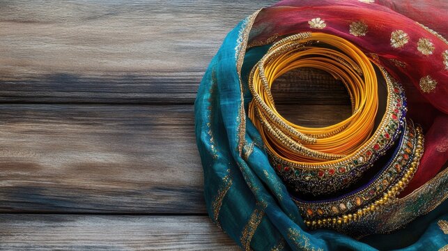 Top view of festive Indian bangles and a dupatta laid out on a rustic background, with space for cultural or wedding-related text