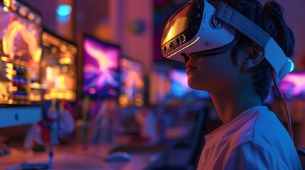AI tutors providing personalized lessons to students through virtual reality headsets, with immersive educational content in a high-tech learning environment. Created Using: VR technology,