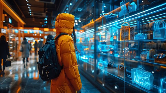 AI virtual assistants guiding customers through a personalized shopping journey in a modern retail space, with interactive holographic interfaces. Created Using: advanced retail technology,