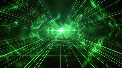 Fototapeta premium A dazzling display of green lasers cutting through the darkness, creating intricate patterns and beams of light in a vibrant, high-energy laser show.