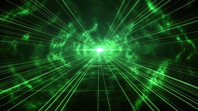 A dazzling display of green lasers cutting through the darkness, creating intricate patterns and beams of light in a vibrant, high-energy laser show.