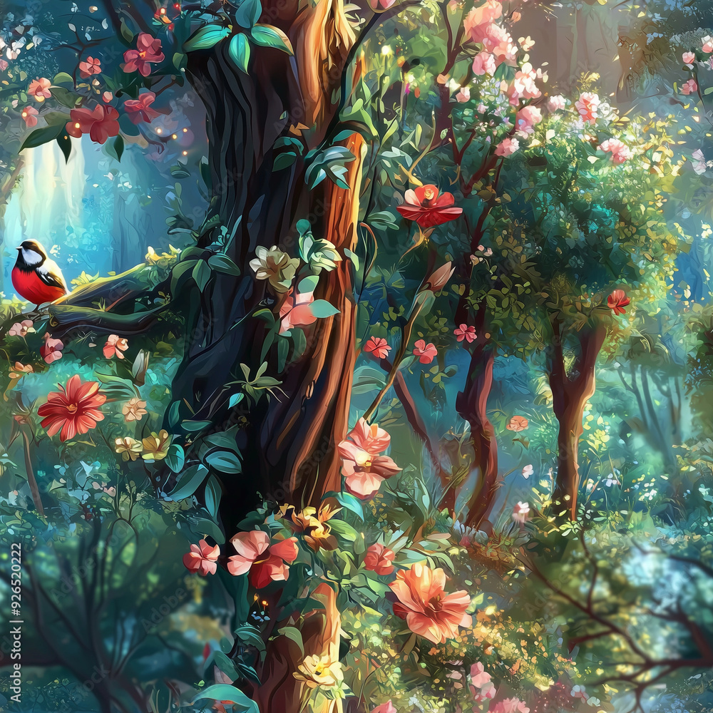 Poster seamless pattern enchanted forest with flowering trees and glowing light