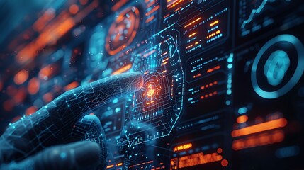 AI-driven cybersecurity network analyzing real-time data, with holographic interfaces displaying threat detection and prevention algorithms. Created Using: high-tech design, photorealistic style,