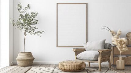 Minimalist living space features a wicker chair with soft cushions, a woven ottoman, a potted plant, and a blank framed canvas on a white wall