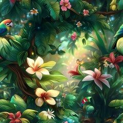 Seamless pattern Garden with Tropical Flowers and Lush Greenery
