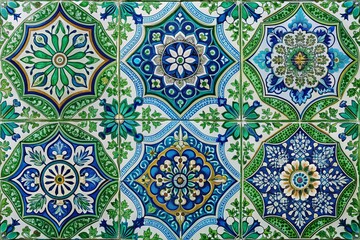 Retro-inspired decorative elements featuring intricate blue and green symbolic patterns evoke a sense of nostalgia and mid-century charm in a unique, vintage-inspired design.