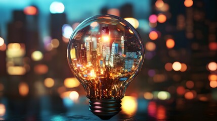 A light bulb glows with the reflection of a city skyline at night, symbolizing ideas and innovation.